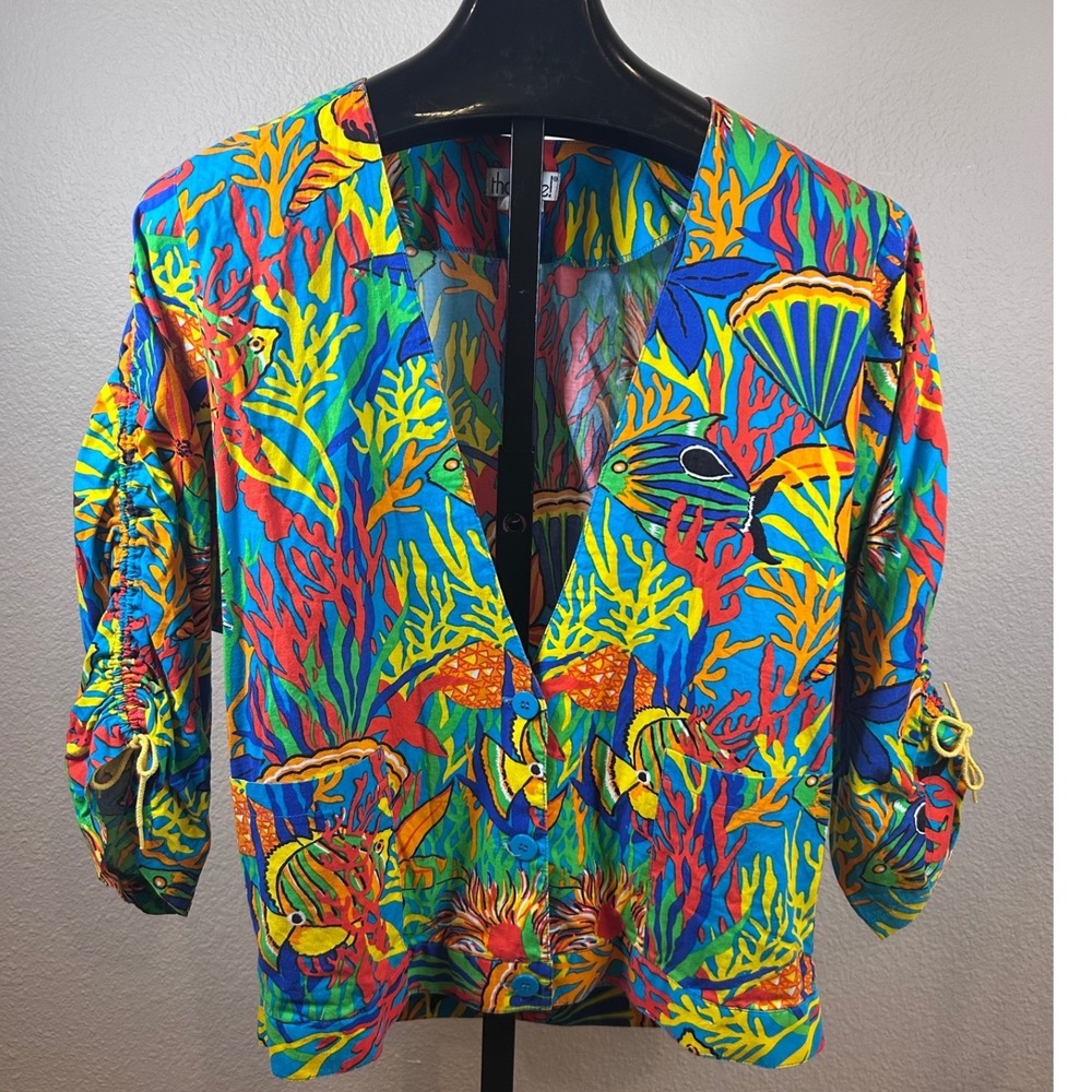 That's Me! Vintage Tropical Coral Reef Fish Print Ruched Sleeve Cotton Top 11/12